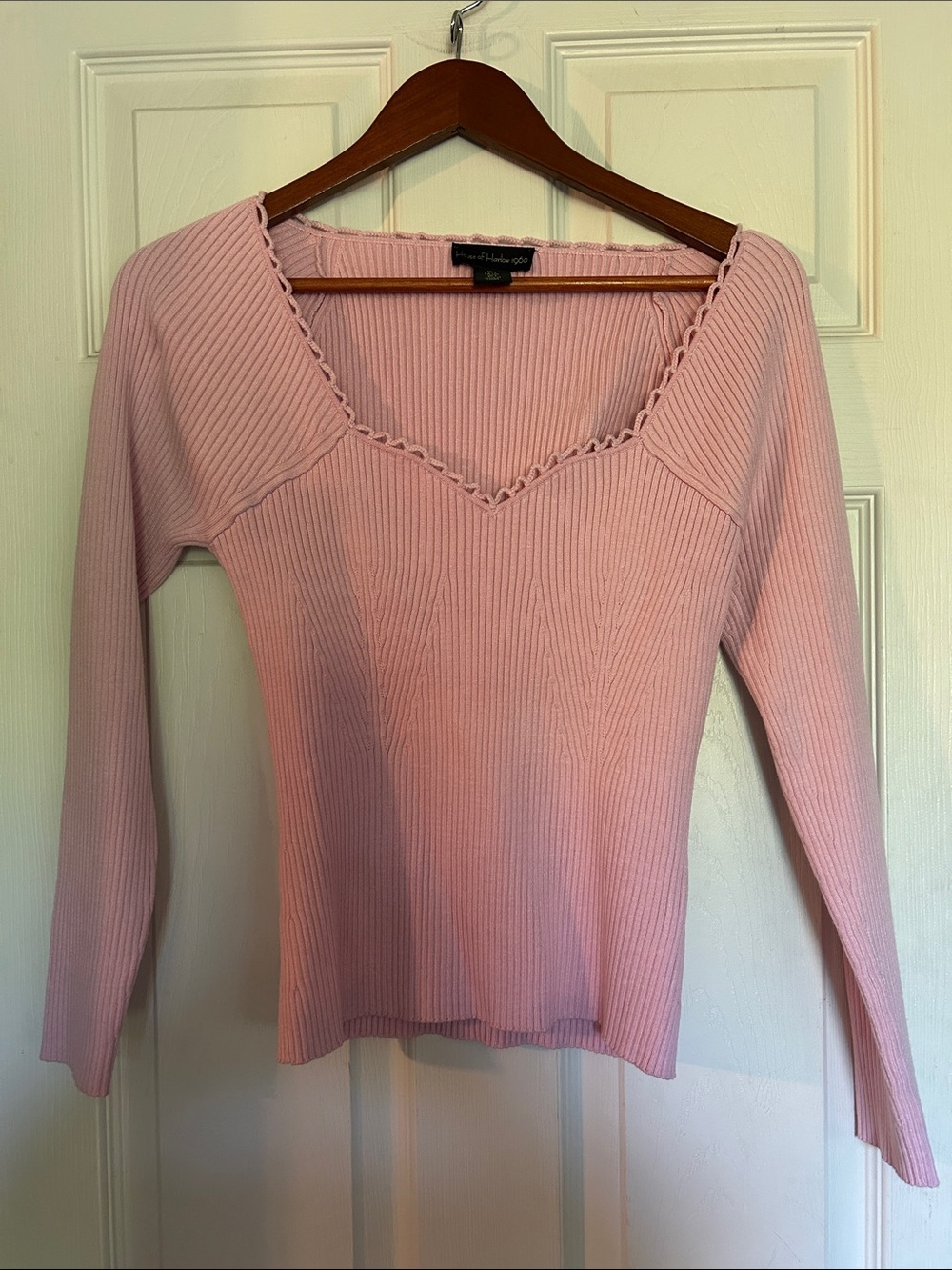 House of Harlow 1960 Blush Pink Ribbed V-Neck Long Sleeve Top